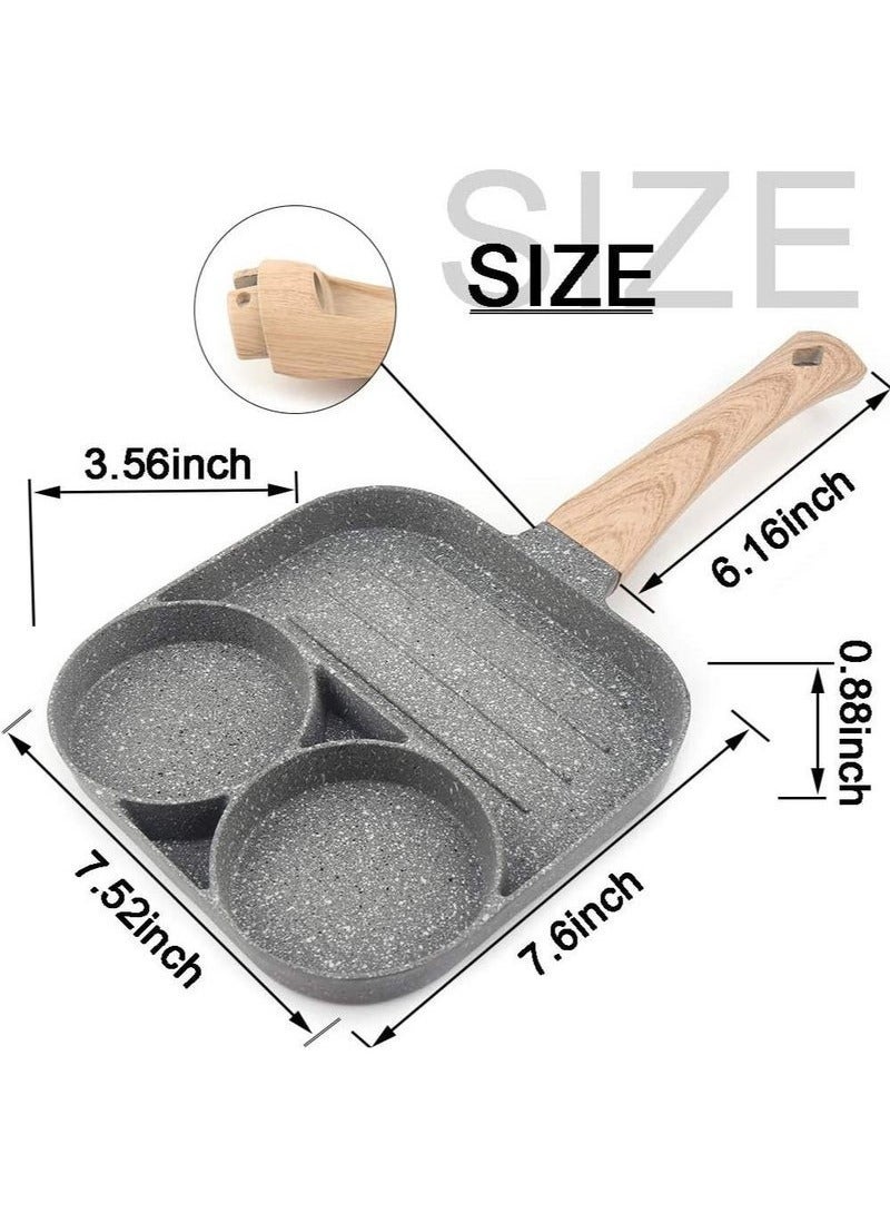 بيوينتي مقلاة ألومنيوم غير لاصقة ثلاثية الحجرات مع مقبضين خشبيين، ثنائية الوظيفة لتحضير أومليت اللحم والبيض والكعك. - Image 2